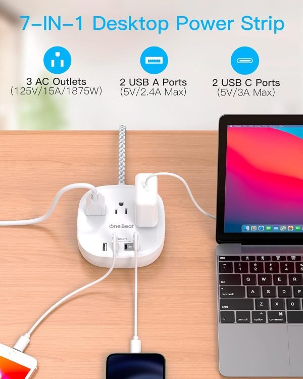 Flat Plug Power Strip, 5ft Ultra Flat Extension Cord - 3 Outlets 4 USB Ports (2 ... - Image 5