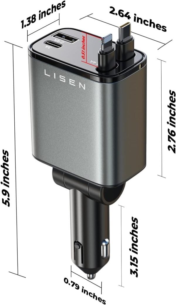 LISEN Retractable Car Charger [69W USB C Car Charger Adapter] for iPhone 16 Car ... - Image 7