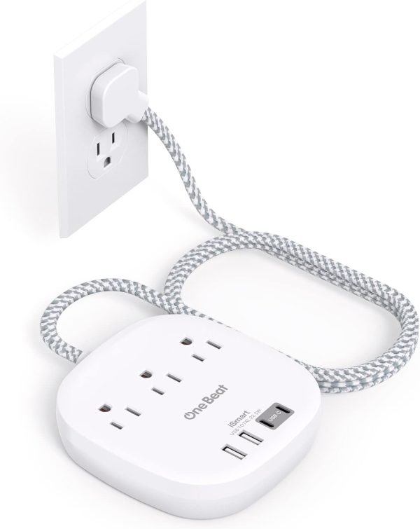 Flat Plug Power Strip, 5ft Ultra Flat Extension Cord - 3 Outlets 4 USB Ports (2 ... - Image 2