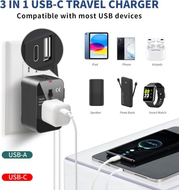 Travel Adapter with USB C, Universal All in One Worldwide Travel Adapter Power C... - Image 3