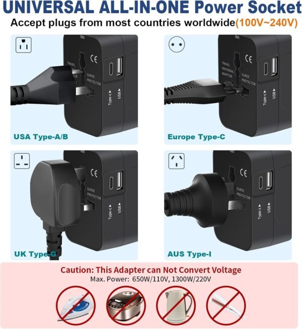 Travel Adapter with USB C, Universal All in One Worldwide Travel Adapter Power C... - Image 5