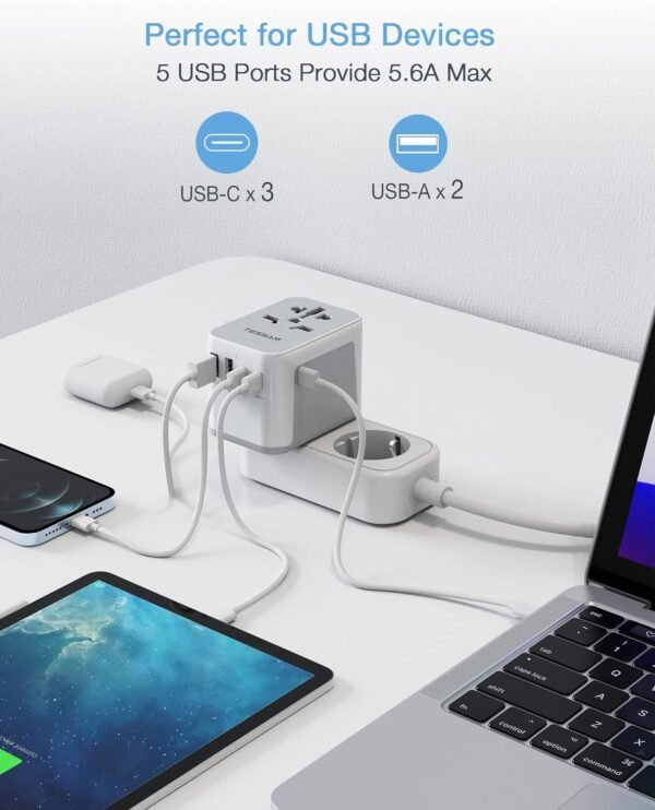 TESSAN Universal Travel Adapter, International Power Adapter 5.6A 3 USB C 2 USB ... - Image 4