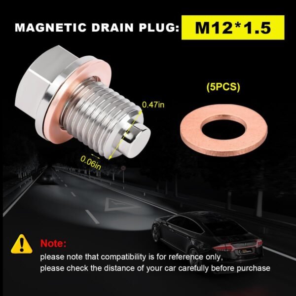M12×1.5 Magnetic Sump Drain Nut Bolt, Stainless Steel Oil Drain Plug with 5 Copp... - Image 3