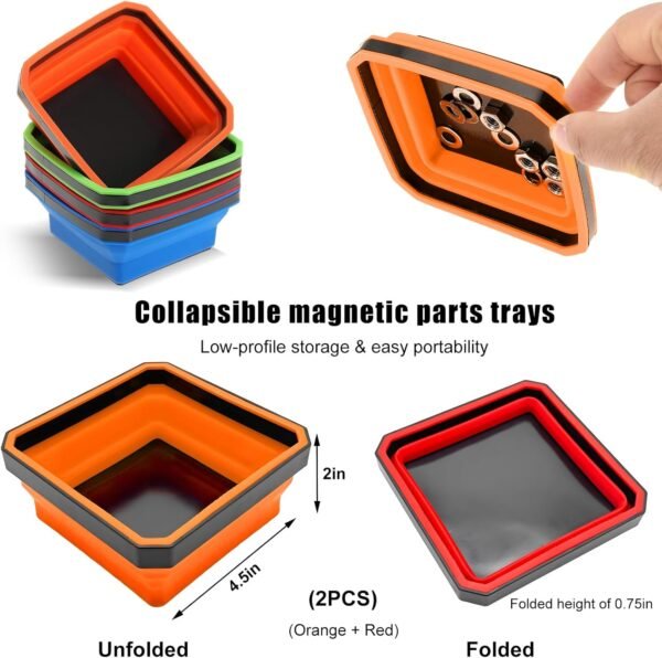2 PCS Collapsible Magnetic Parts Tray, 4.5 Inch Foldable Magnetic Square Silicon... - Image 3