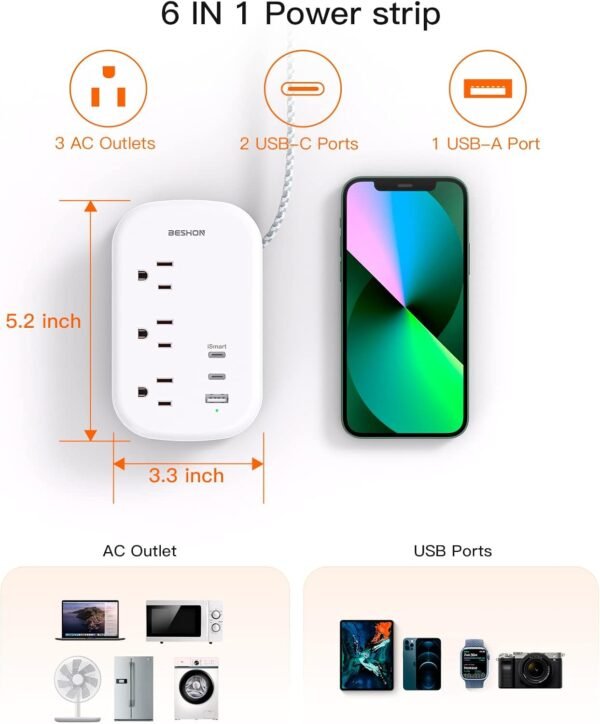 BESHON Flat Plug Power Strip, 3 Outlets with 3 USB Ports(2 USB C), Ultra Flat 3.... - Image 4