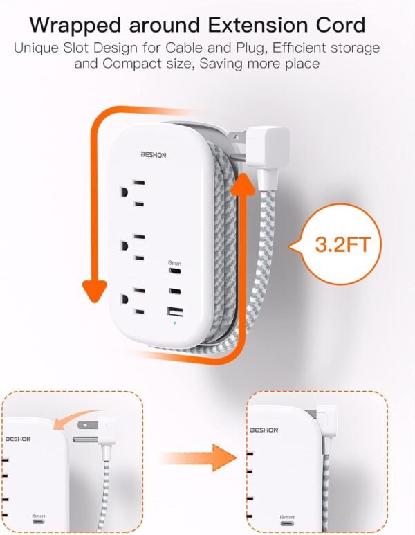 BESHON Flat Plug Power Strip, 3 Outlets with 3 USB Ports(2 USB C), Ultra Flat 3.... - Image 5