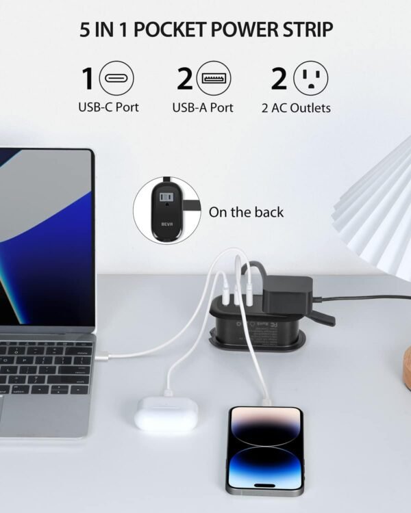 BEVA Travel Power Strip with USB C Ports, 4FT Extension Cord, 2 Outlets, 3 USB P... - Image 3