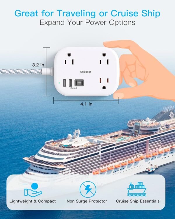 One Beat Cruise Ship Essentials,Travel Power Strip with USB C,Flat Plug Extensio... - Image 4