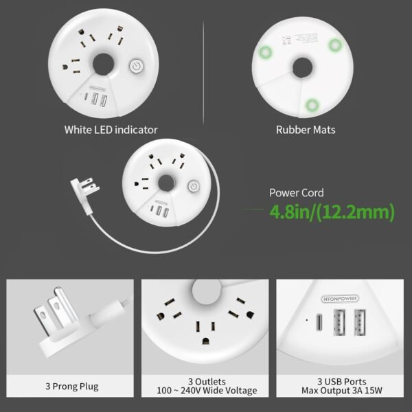 Travel Power Strip, NTONPOWER 3 Outlets 3 USB(1 USB C) Cruise Approved Power Str... - Image 8