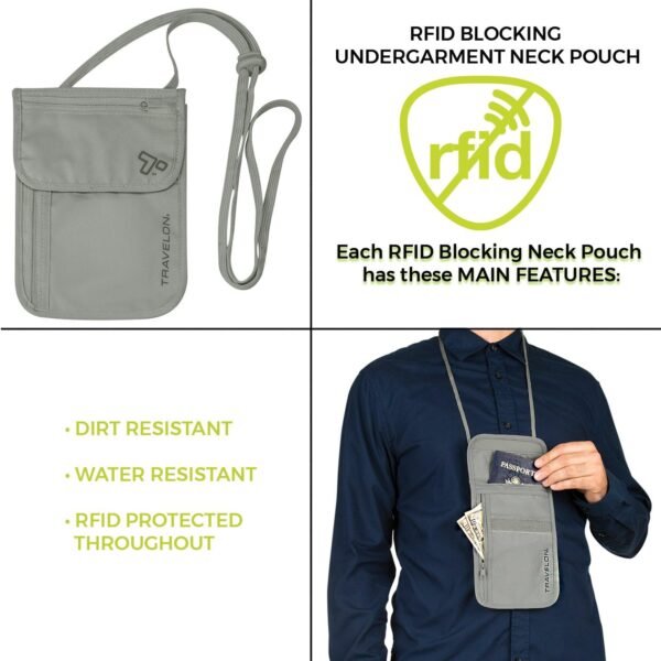 Travelon Rfid Blocking Undergarment Neck Pouch Travel Wallet, Gray, One Size - Image 7
