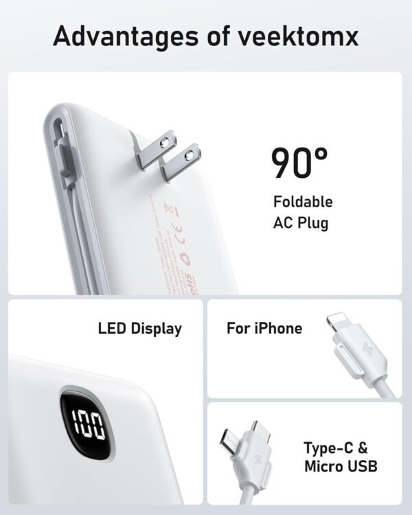 VEEKTOMX Portable Charger with Built in Cables 10000mAh, Power Bank for iPhone w... - Image 9